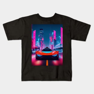 Dark Neon Sports Car in Asian Neon City Kids T-Shirt